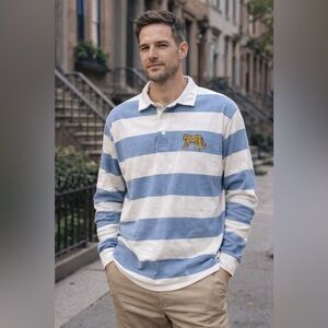 Rowing Blazers Blue & White Stripe Rugby Shirt Leopard Patch Size XXL